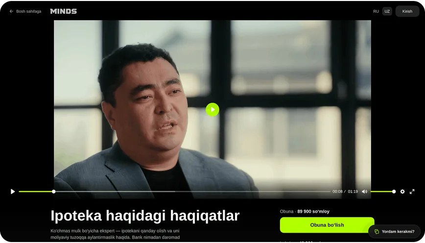 Kurs sahifasi: treyler bilan pleyer, kurs nomi va obuna bo‘lish tugmasi