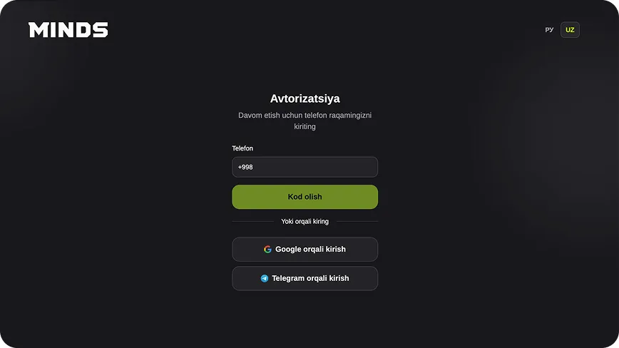 Avtorizatsiya oynasi: telefon raqami, kod olish tugmasi hamda Google va Telegram orqali kirish